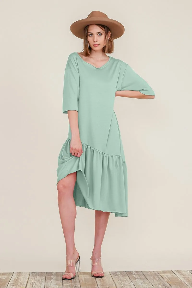 Boat Neck Short Sleeve Asymmetric Ruffle Tiered Hem Casual Loose Dress S-XL