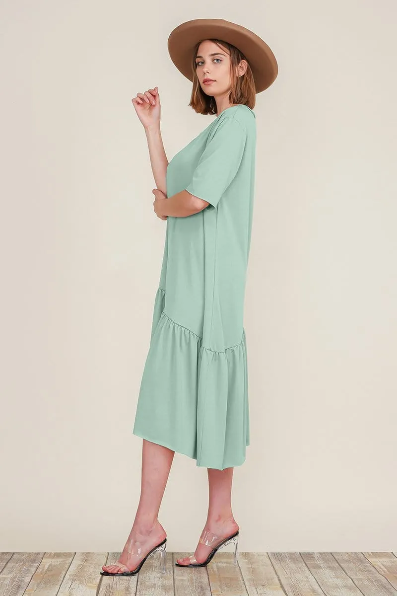 Boat Neck Short Sleeve Asymmetric Ruffle Tiered Hem Casual Loose Dress S-XL