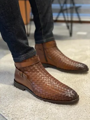 Brown Woven Leather Buckle Chelsea Boots for Men by GentWith.com