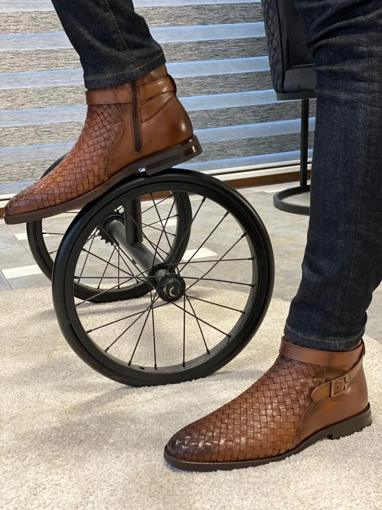 Brown Woven Leather Buckle Chelsea Boots for Men by GentWith.com