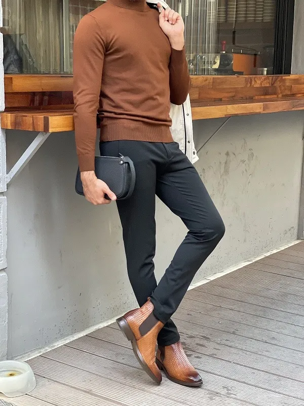 Brown Woven Leather Chelsea Boots for Men by GentWith.com