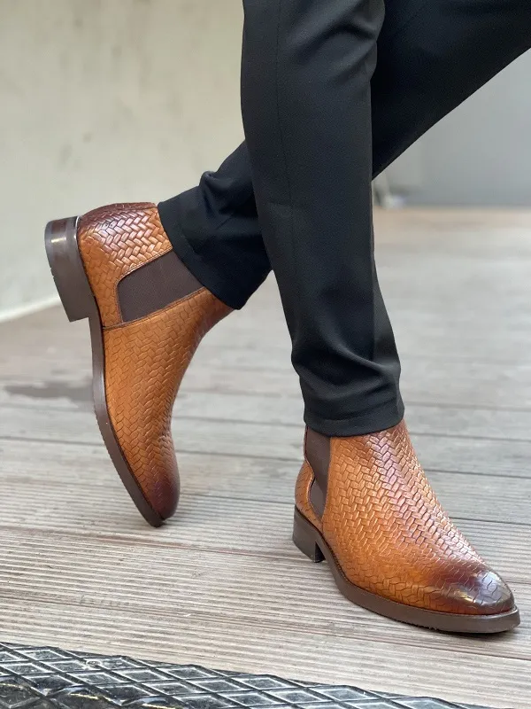 Brown Woven Leather Chelsea Boots for Men by GentWith.com