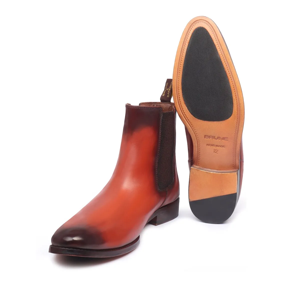 Burnished Chelsea Boots In Tan Leather with Leather Sole