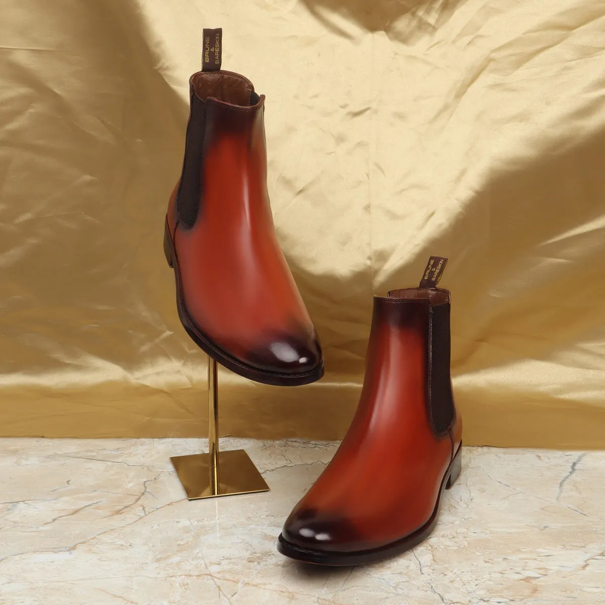 Burnished Chelsea Boots In Tan Leather with Leather Sole