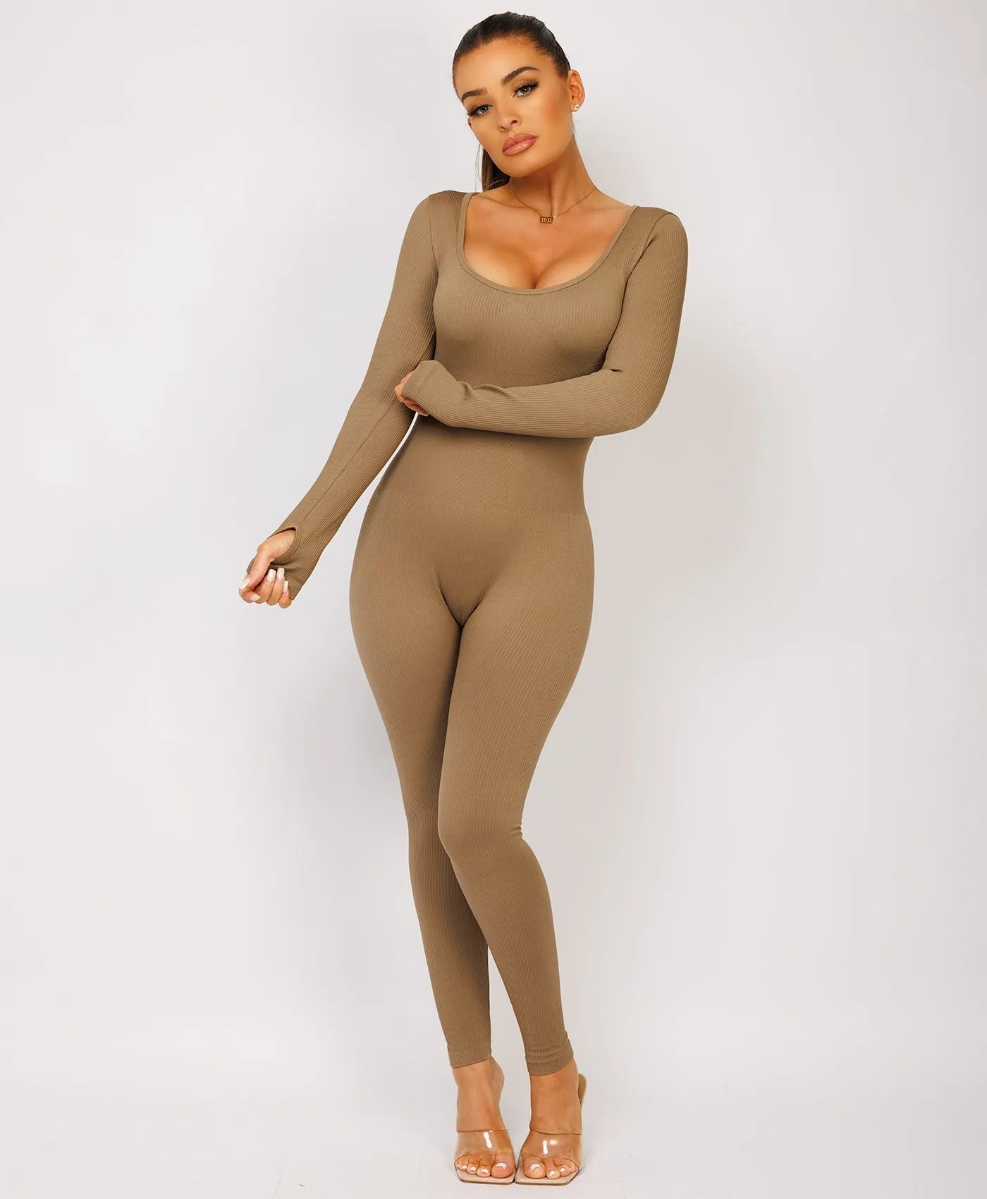 Camel Elastic Ribbed Long Sleeve Butt Lift Jumpsuit