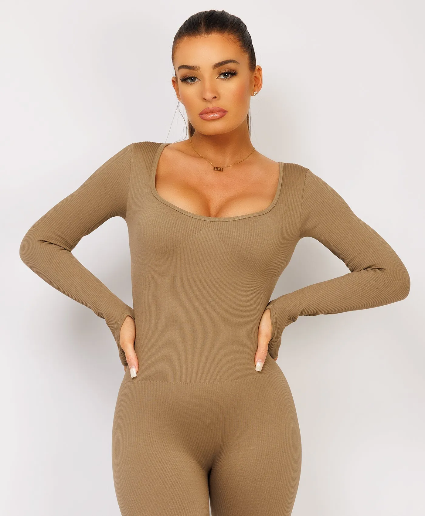 Camel Elastic Ribbed Long Sleeve Butt Lift Jumpsuit