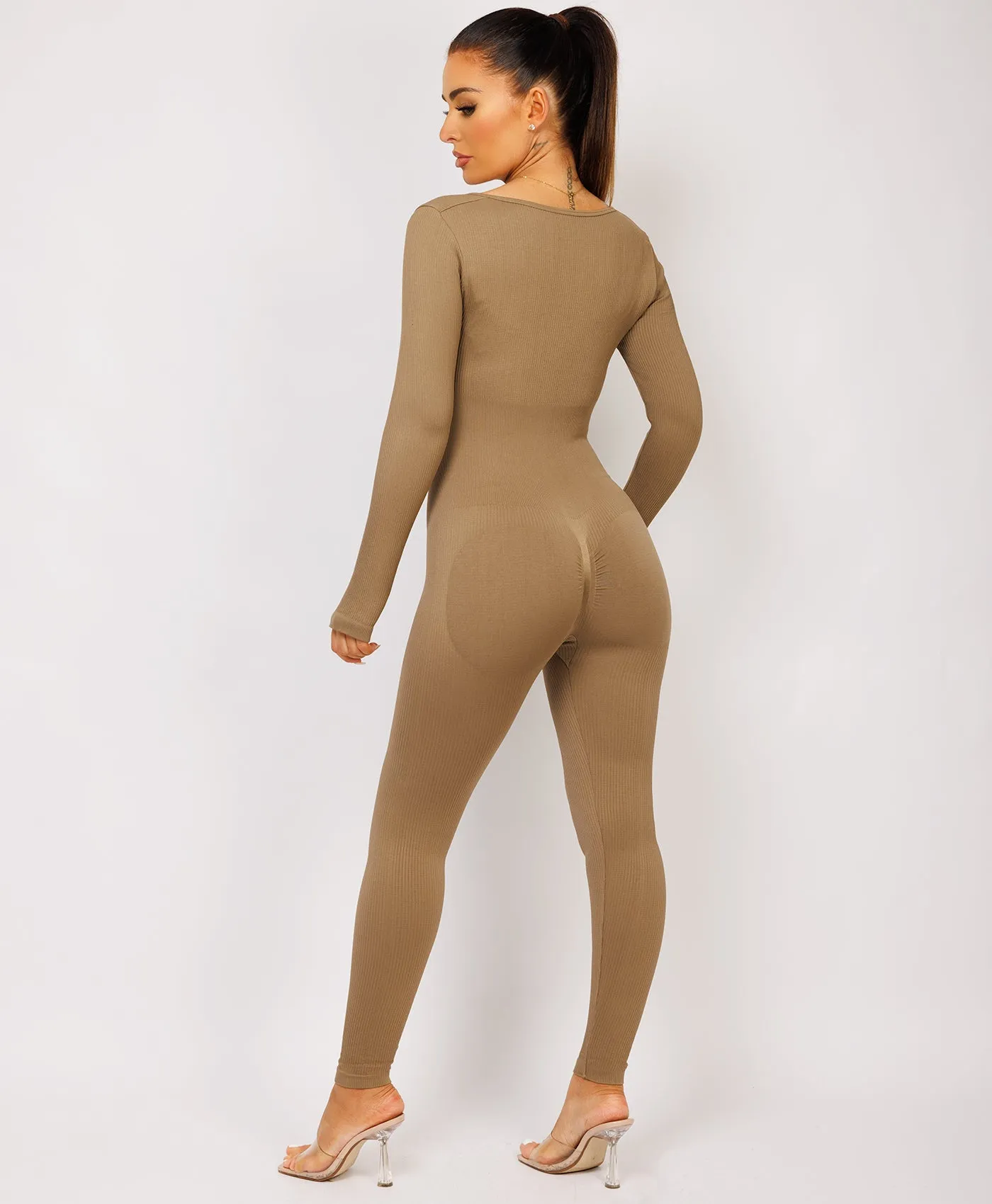 Camel Elastic Ribbed Long Sleeve Butt Lift Jumpsuit