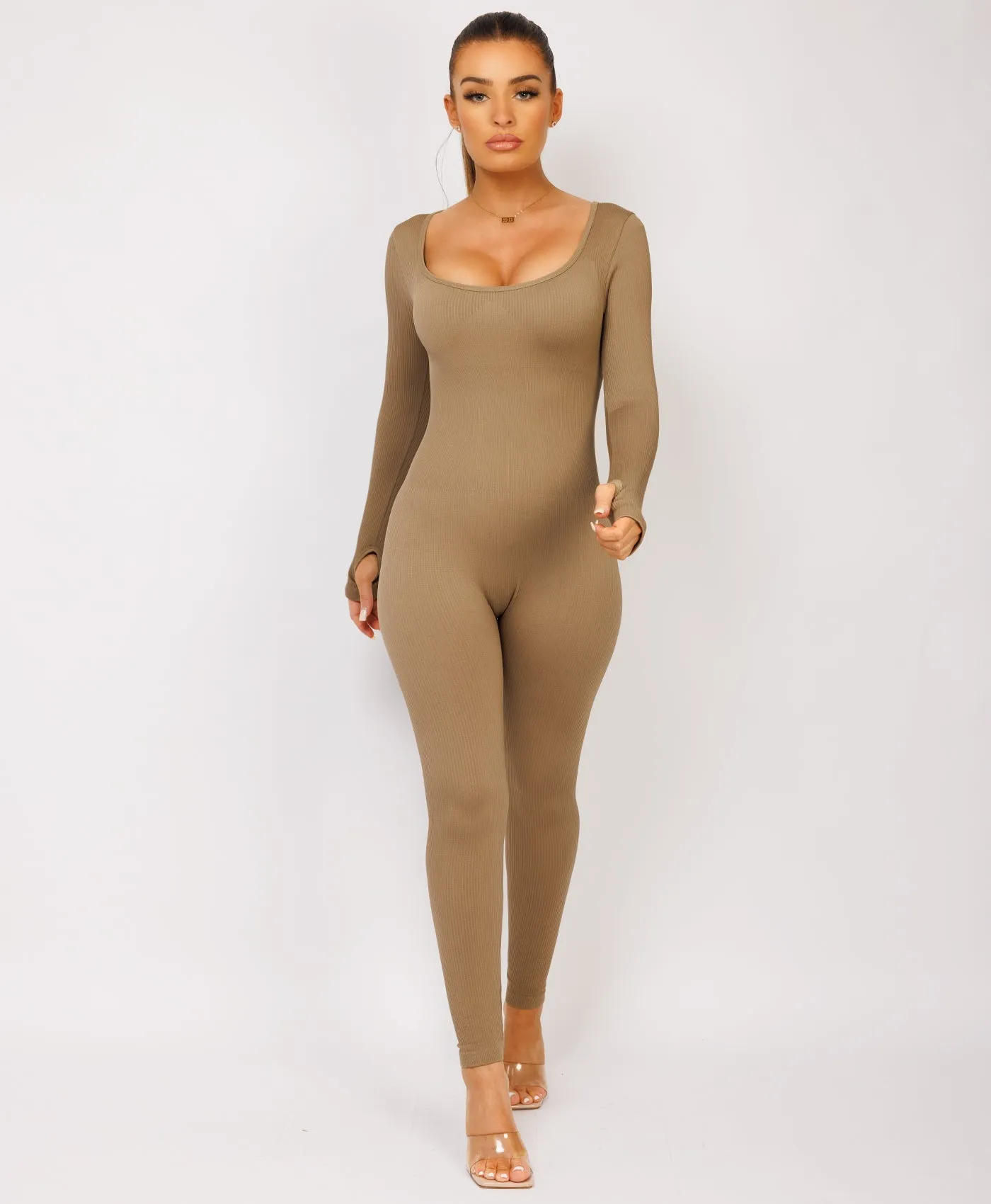 Camel Elastic Ribbed Long Sleeve Butt Lift Jumpsuit