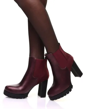 Chelsea boots bordeaux bi matières à talons et plateforme crantée