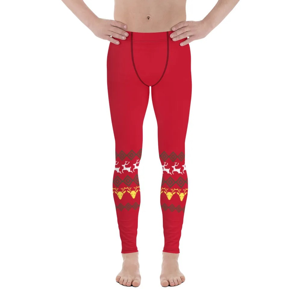 Christmas Festive Reindeer Meggings, Red Xmas Designer Men's Leggings-Made in USA/MX/EU