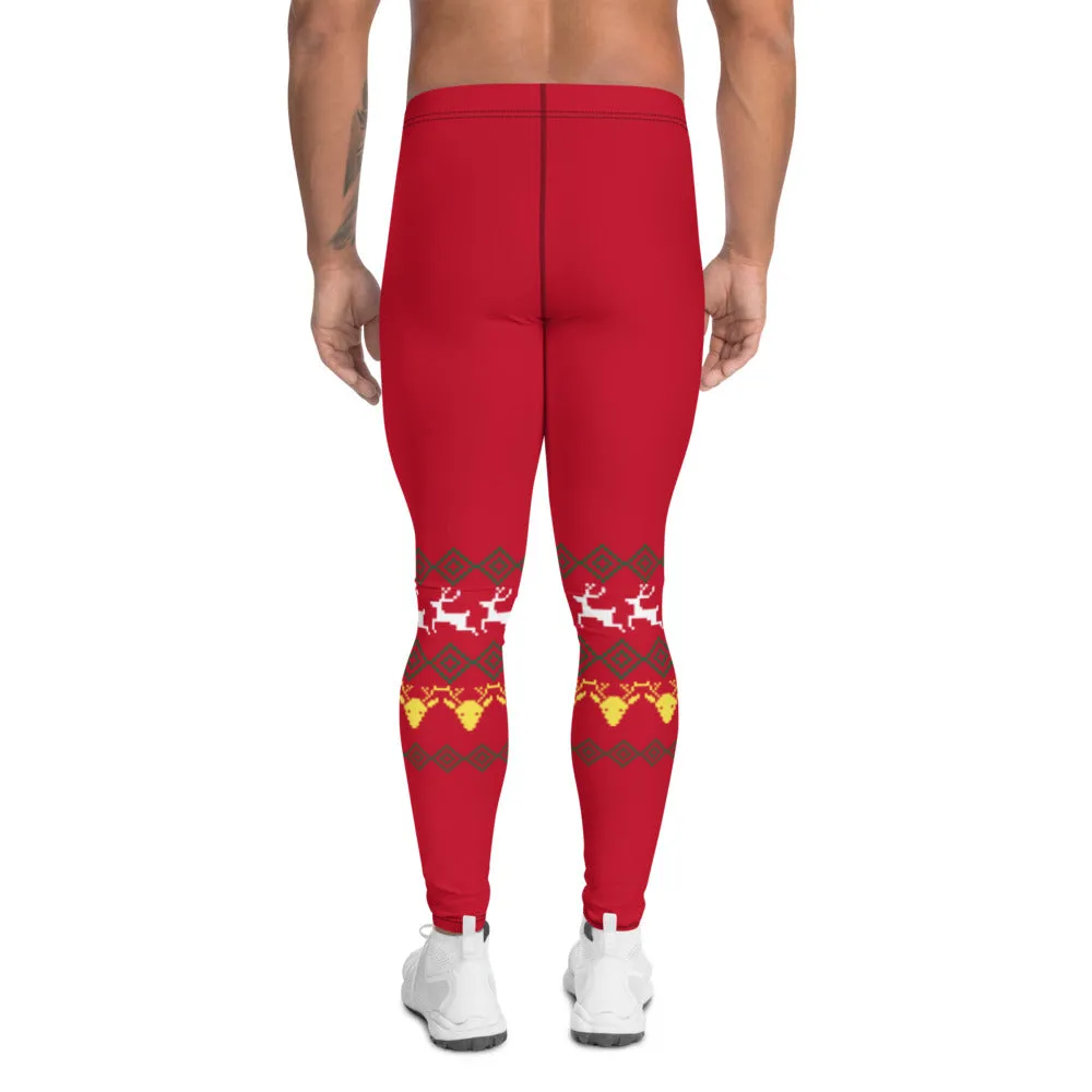 Christmas Festive Reindeer Meggings, Red Xmas Designer Men's Leggings-Made in USA/MX/EU