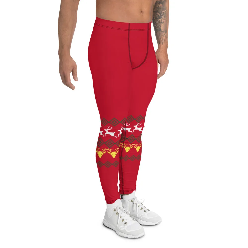 Christmas Festive Reindeer Meggings, Red Xmas Designer Men's Leggings-Made in USA/MX/EU