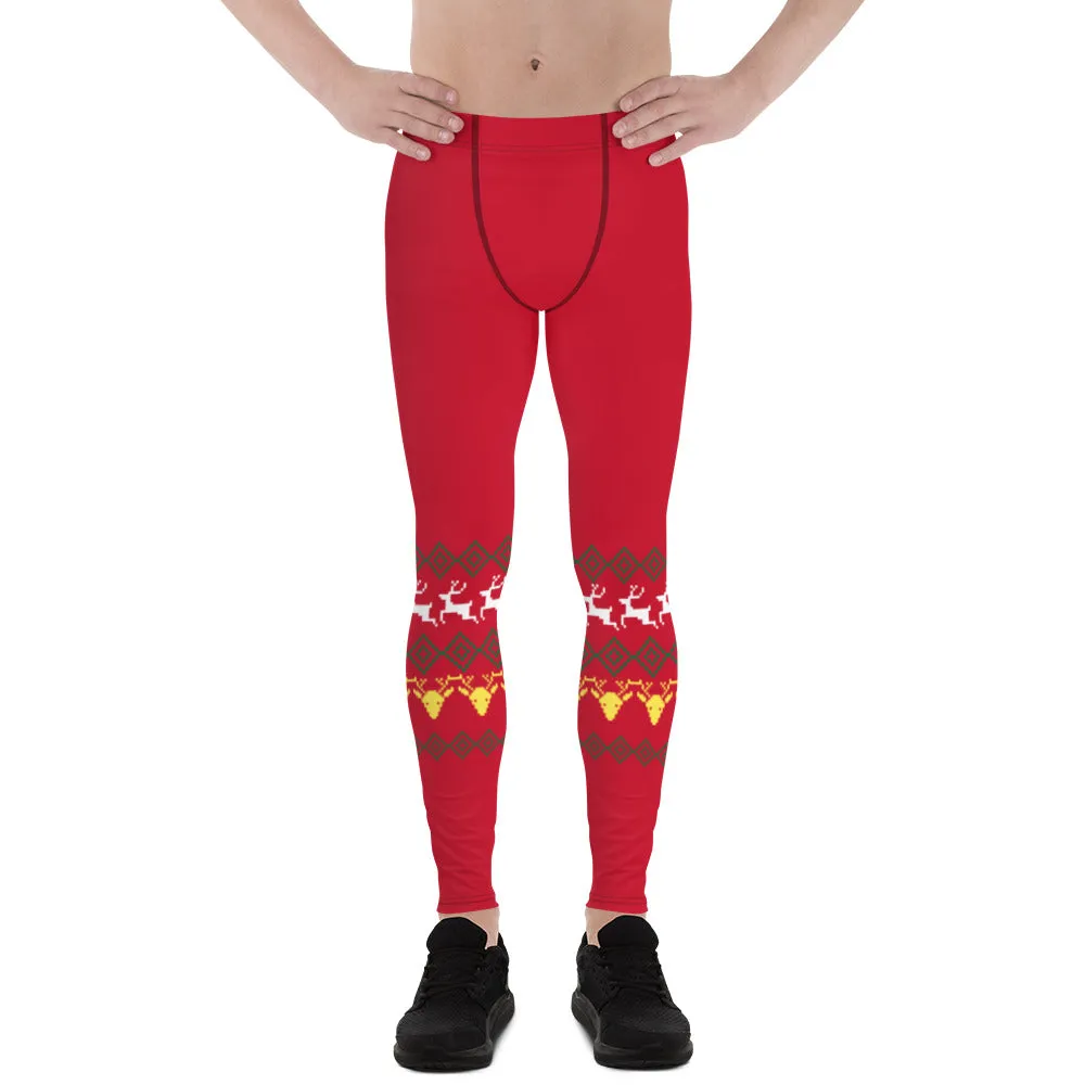 Christmas Festive Reindeer Meggings, Red Xmas Designer Men's Leggings-Made in USA/MX/EU