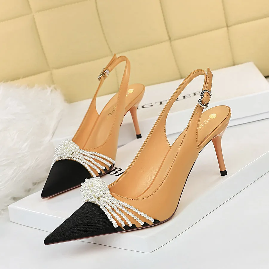 Color Matching Shallow Pointed Pearl Bow Shoes