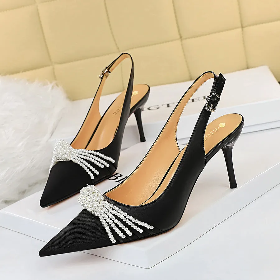 Color Matching Shallow Pointed Pearl Bow Shoes