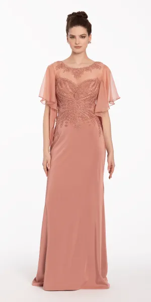 Crepe Boat Neck Sheer Flutter Sleeve Column Dress