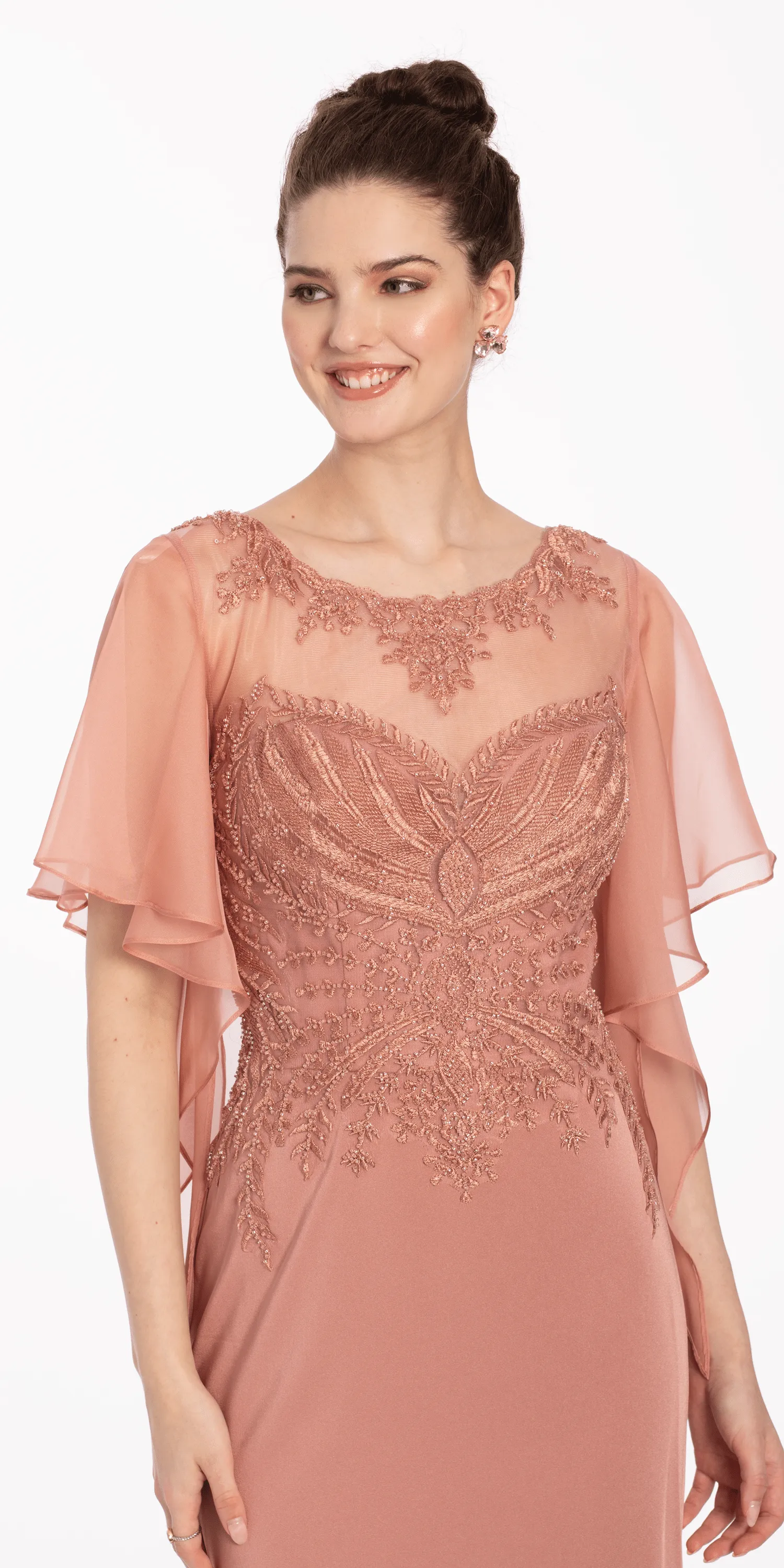 Crepe Boat Neck Sheer Flutter Sleeve Column Dress