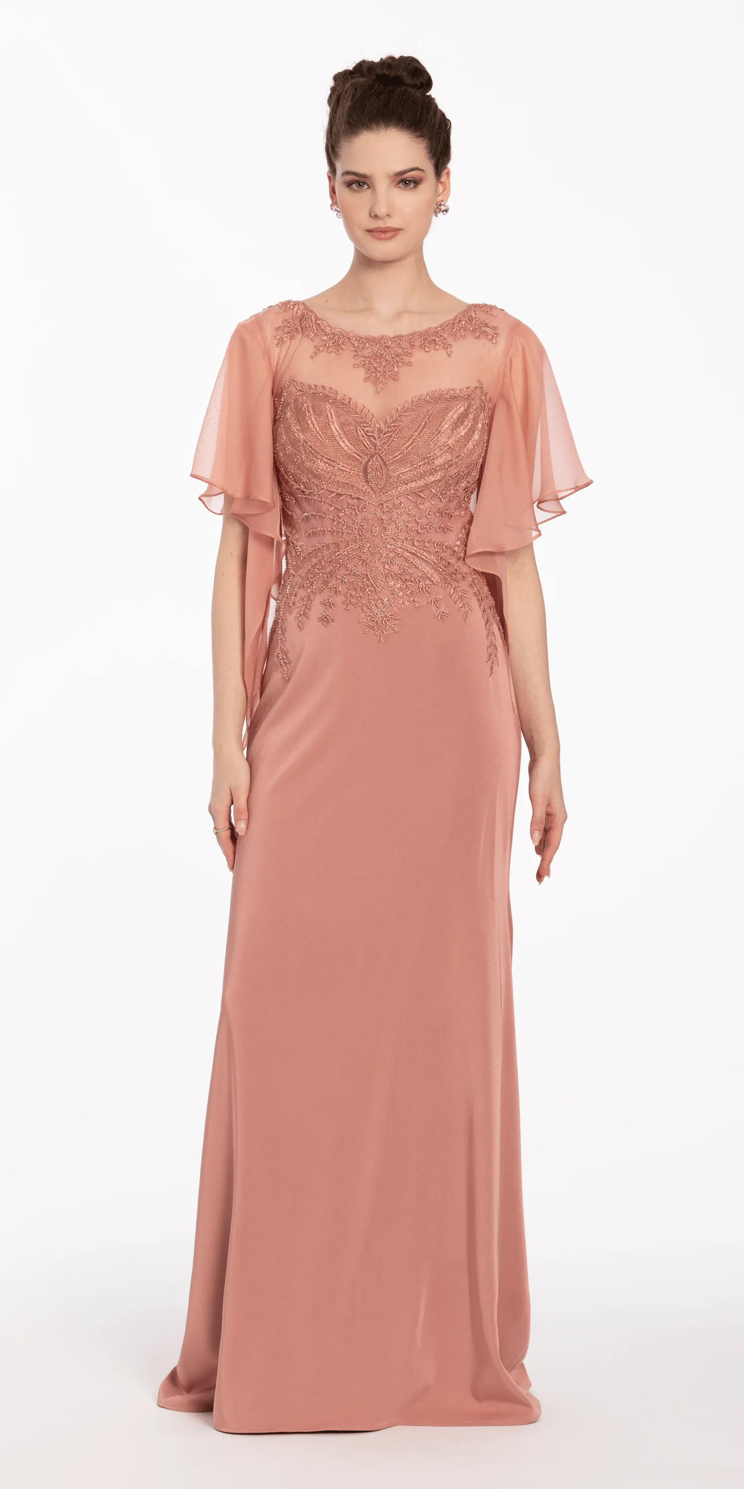 Crepe Boat Neck Sheer Flutter Sleeve Column Dress