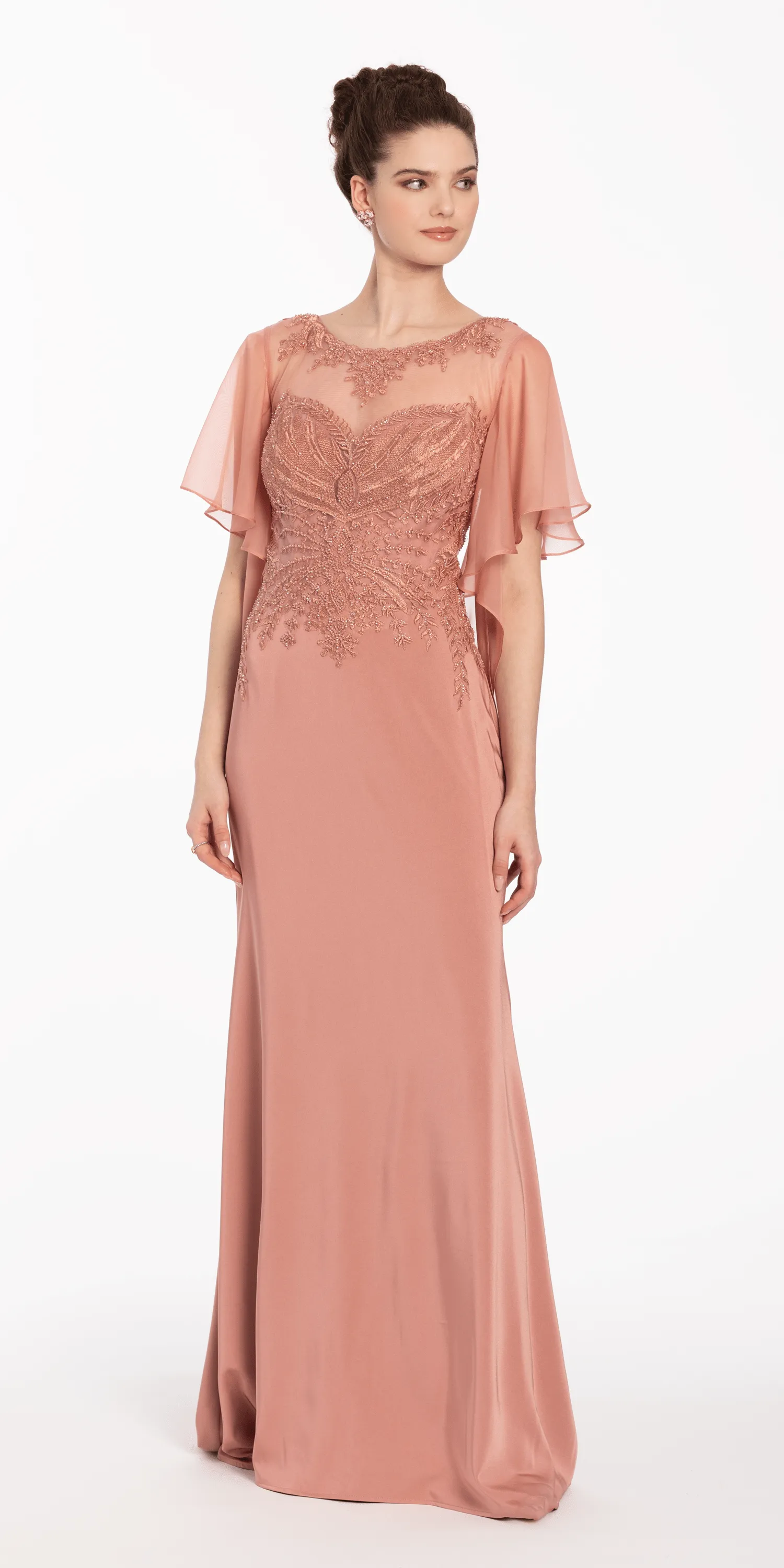 Crepe Boat Neck Sheer Flutter Sleeve Column Dress