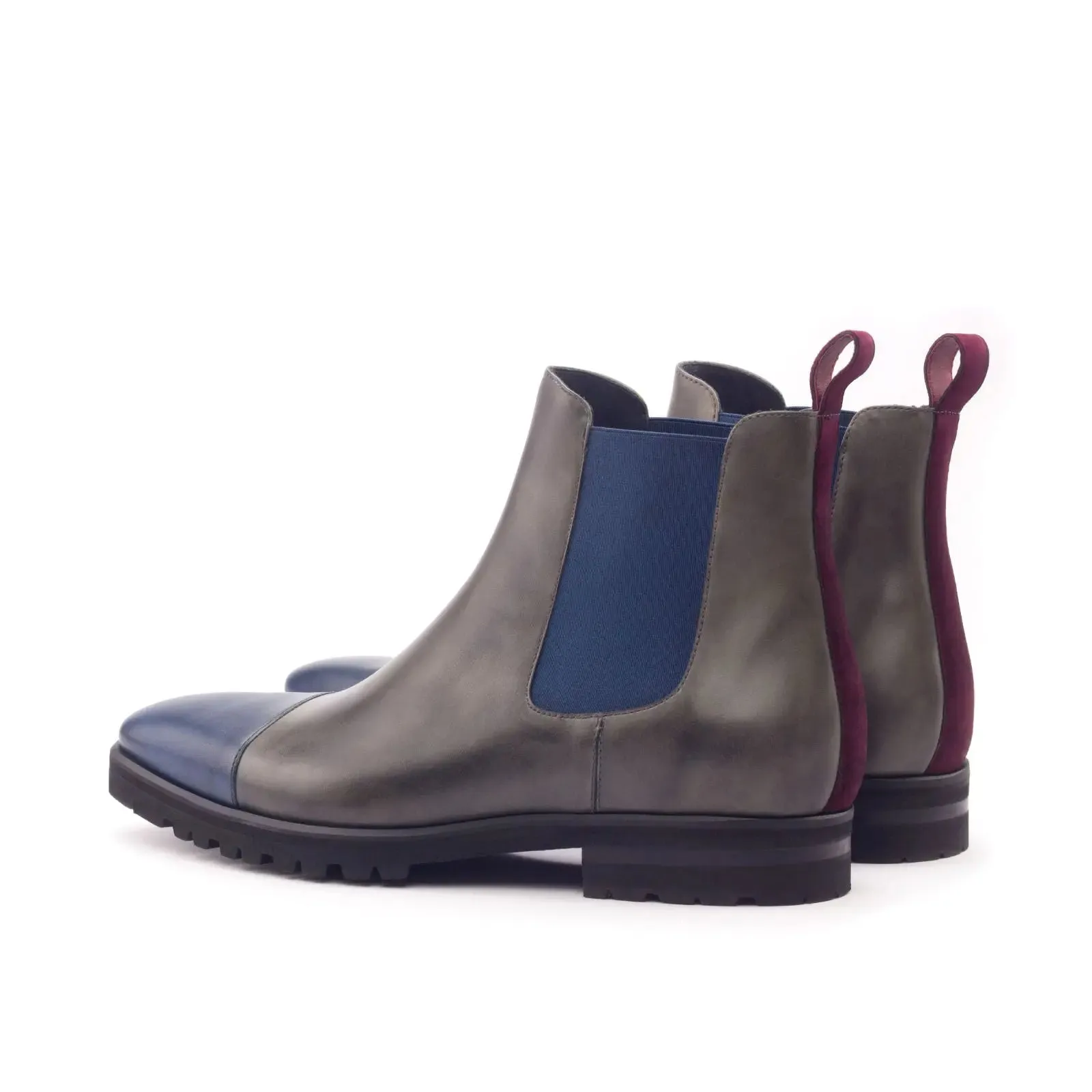 DapperFam Monza in Grey / Navy / Wine Men's Italian Leather & Italian Suede Chelsea Boot