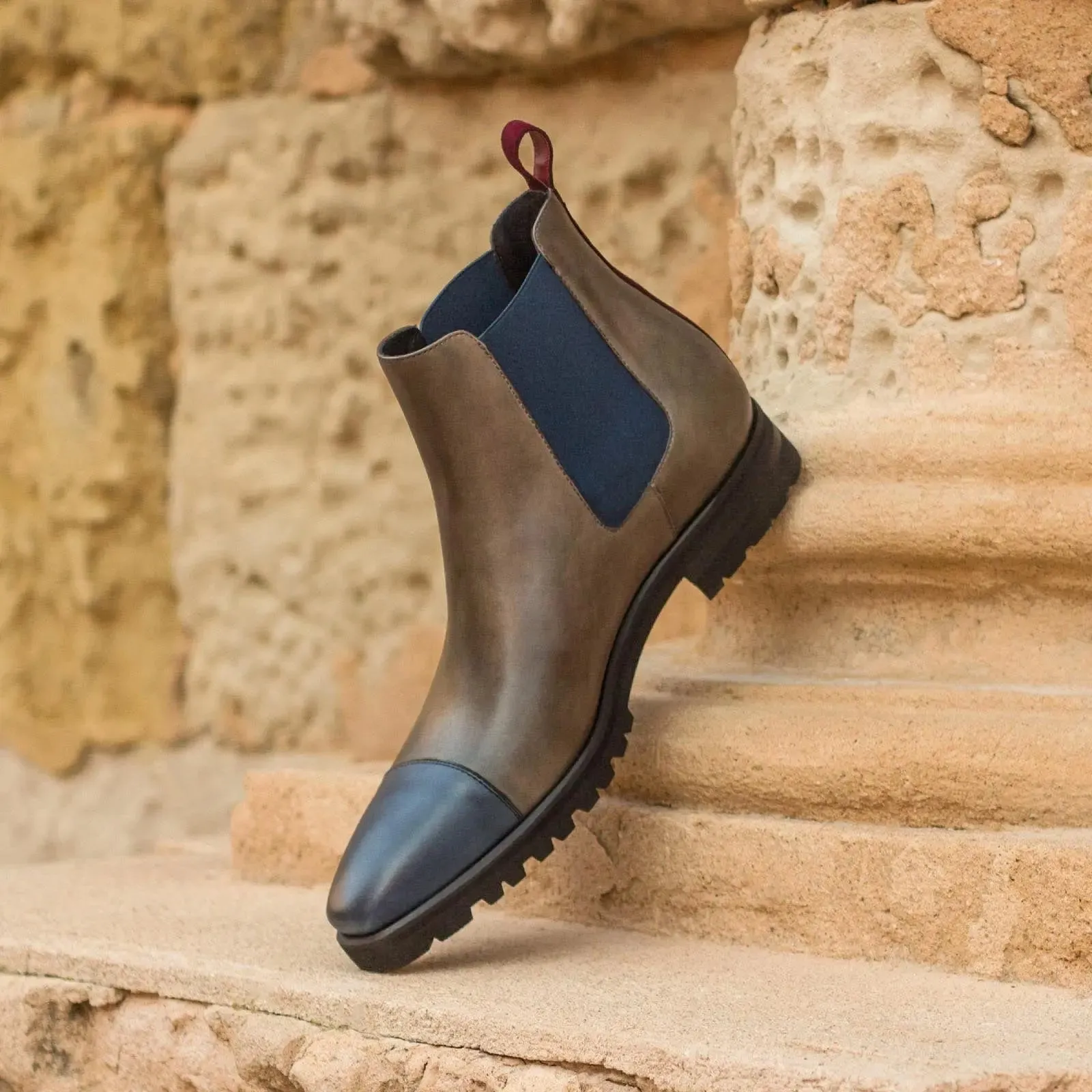 DapperFam Monza in Grey / Navy / Wine Men's Italian Leather & Italian Suede Chelsea Boot