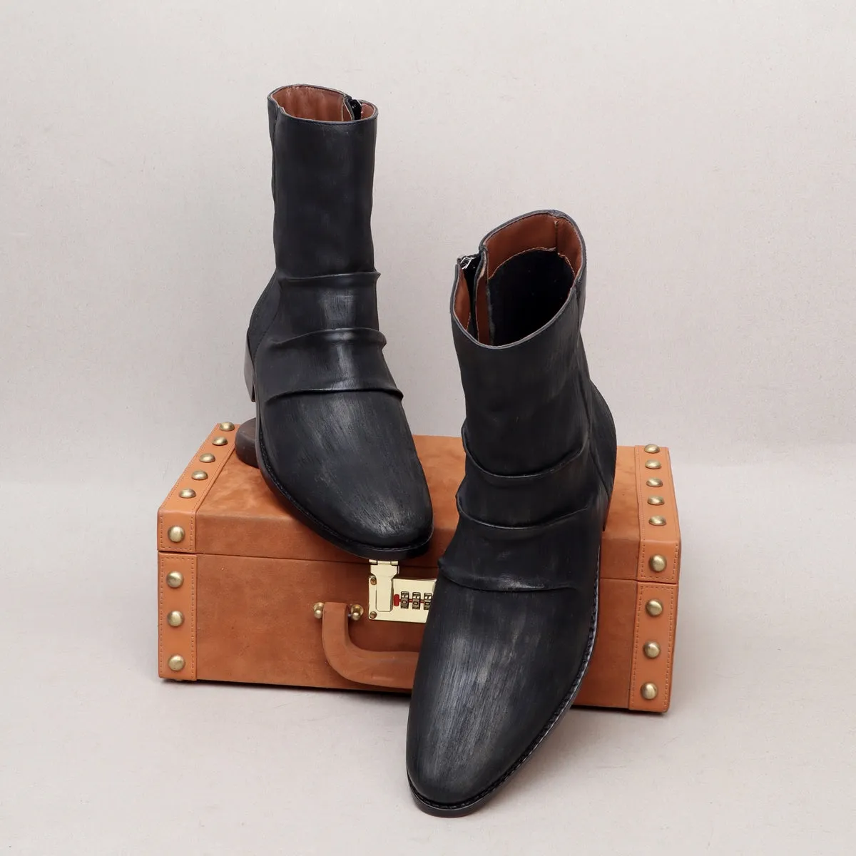 Dual Tone Black Grey Hand Painted Genuine Leather With Zip Closure Men's Chelsea Boots By Brune & Bareskin