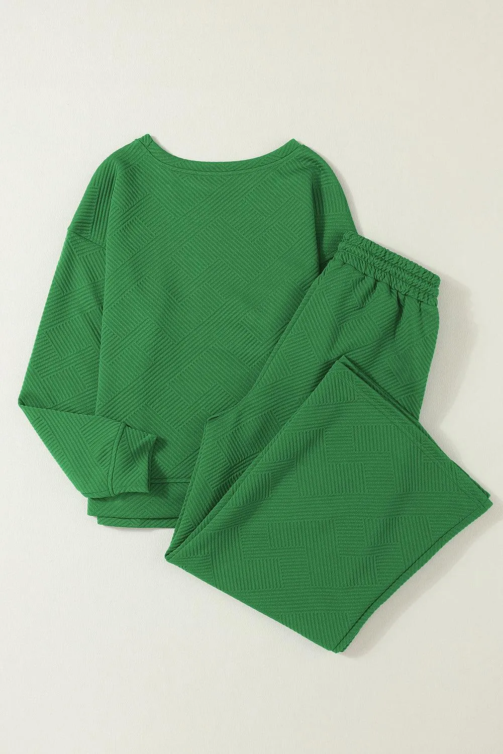 Elegant Green Textured Loungewear Set with Comfy Wide-Leg Pants