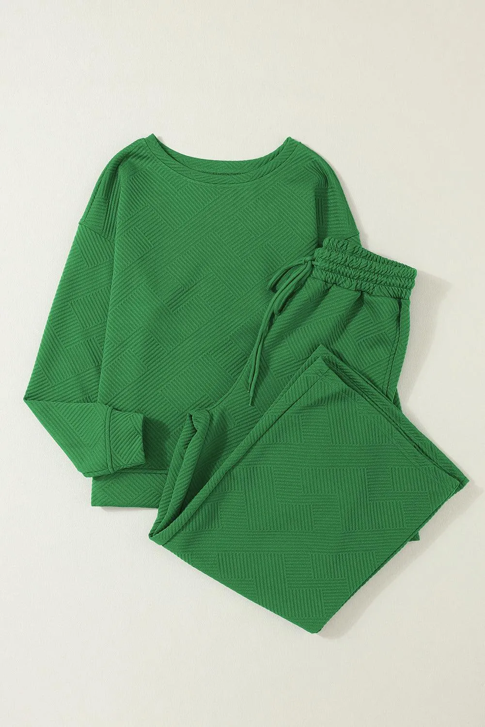 Elegant Green Textured Loungewear Set with Comfy Wide-Leg Pants