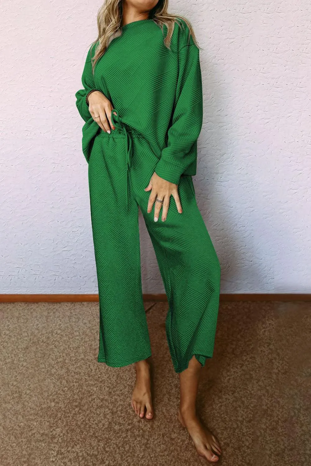 Elegant Green Textured Loungewear Set with Comfy Wide-Leg Pants