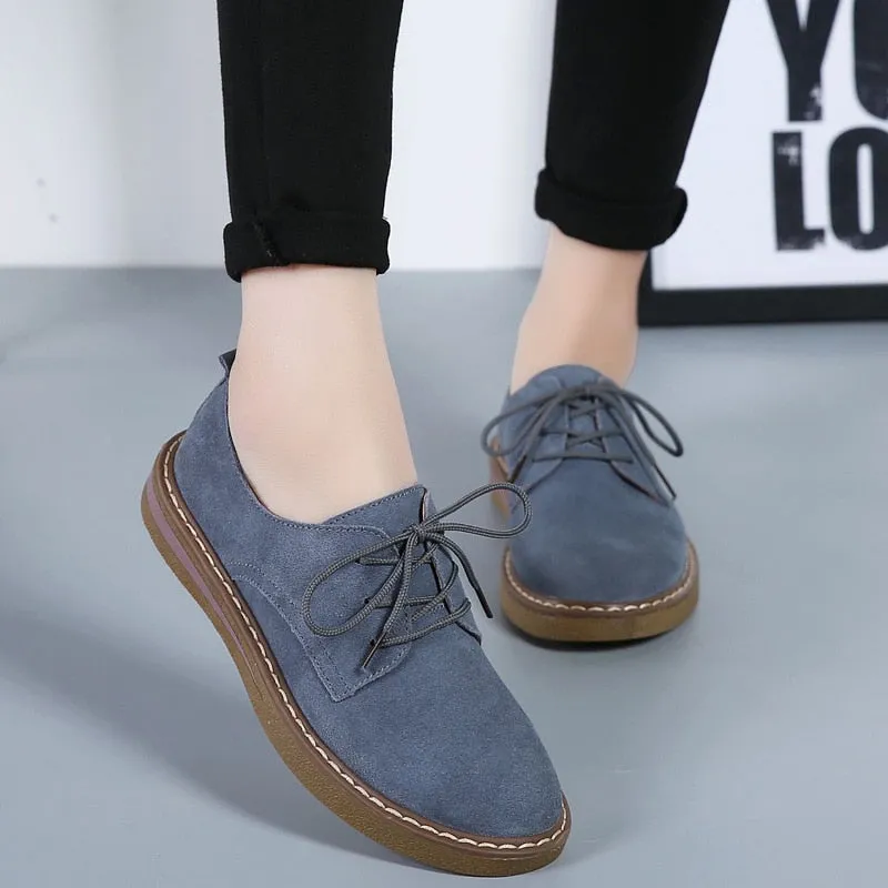 GHJIOL  Spring Women Flats Shoes Women Sneakers Leather Suede Lace Up Boat Shoes Round Toe Flats Moccasins Oxford For Women