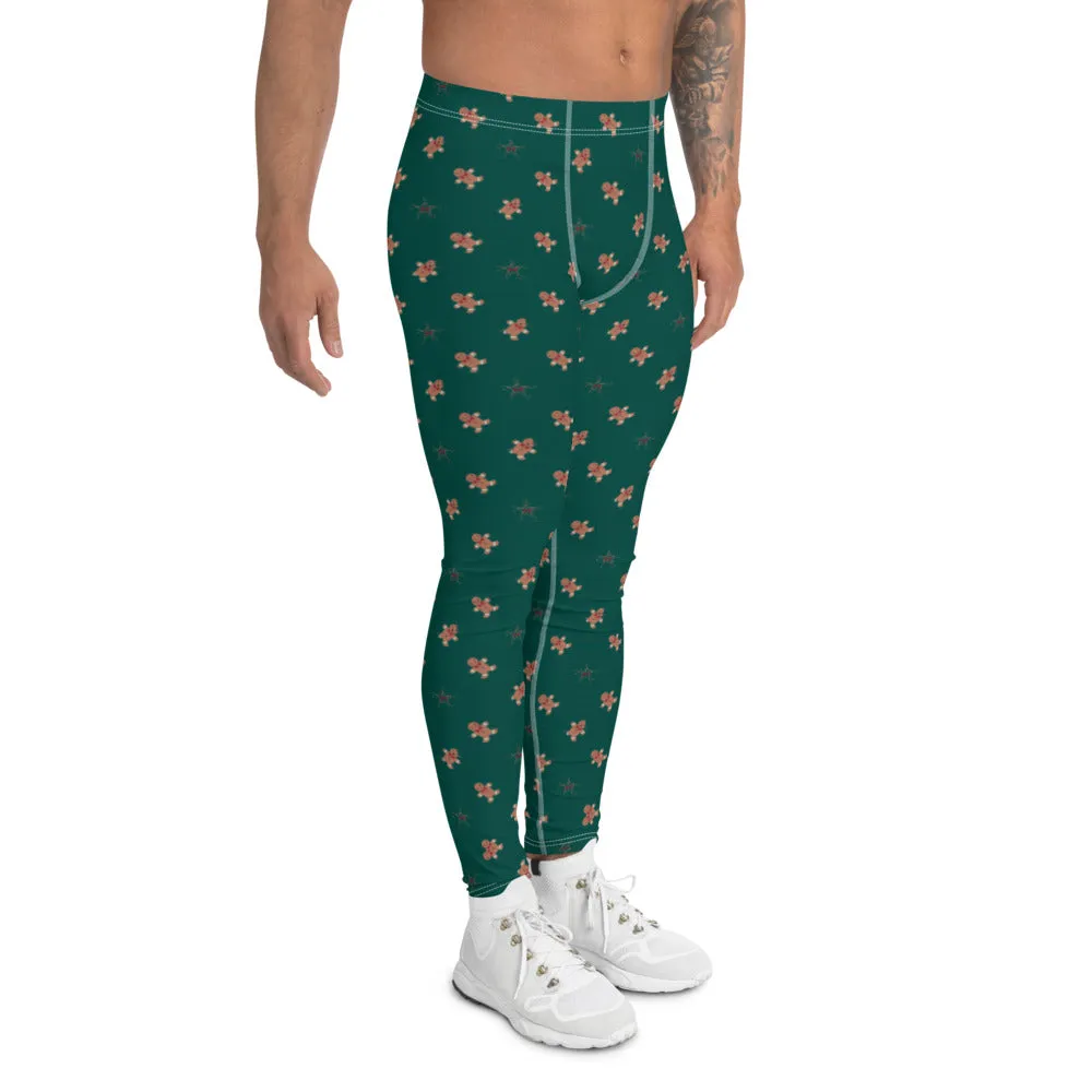 Gingerbread Christmas Holiday Men's Leggings, Festive Xmas Party Meggings Running Tights