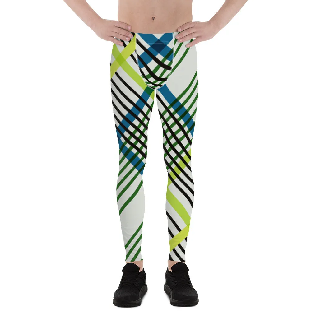 Green Blue Plaid Print Meggings, Plaid Print Men's Leggings, Classic Tartan Plaid Print Meggings Compression Christmas Tights-Made in USA/EU/MX