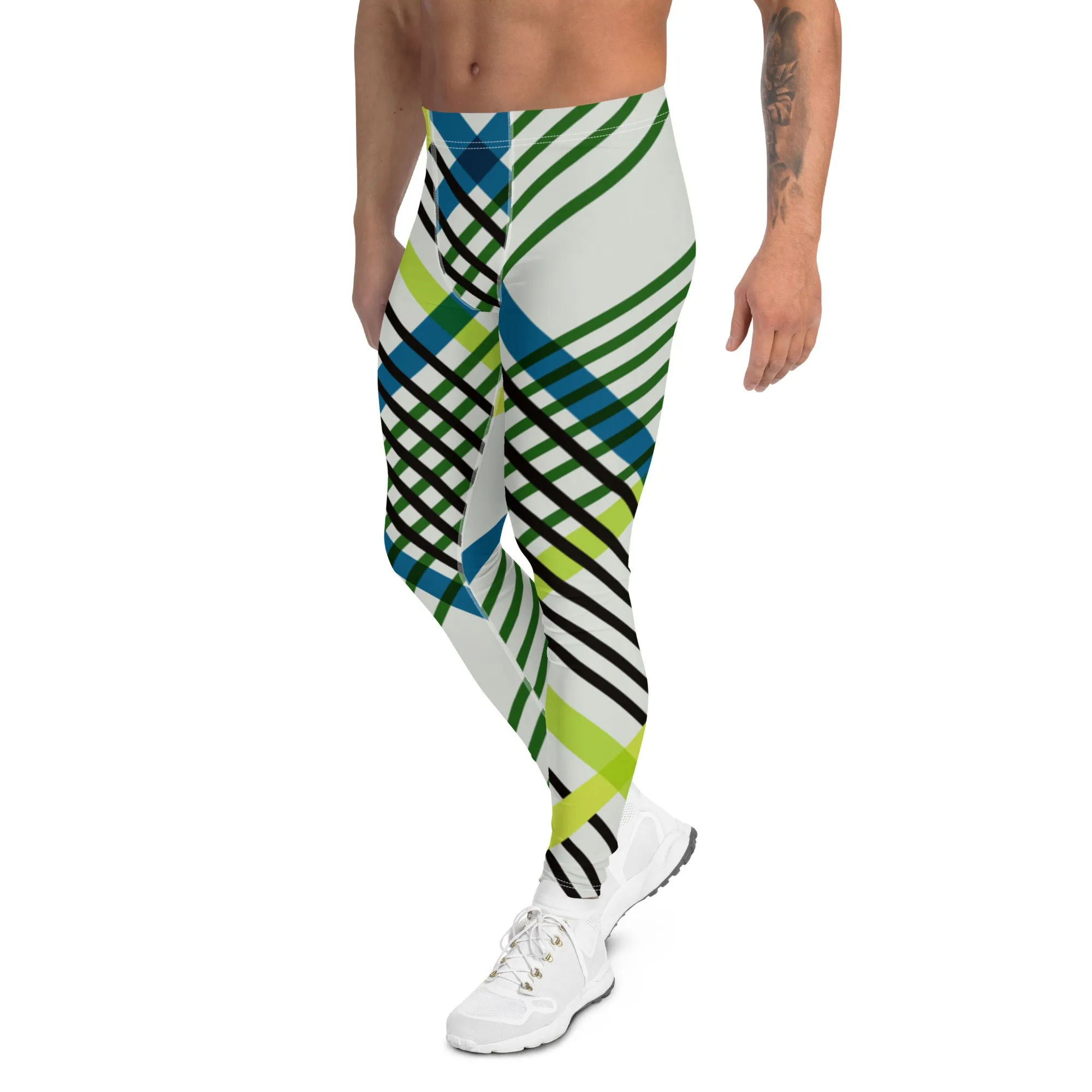 Green Blue Plaid Print Meggings, Plaid Print Men's Leggings, Classic Tartan Plaid Print Meggings Compression Christmas Tights-Made in USA/EU/MX