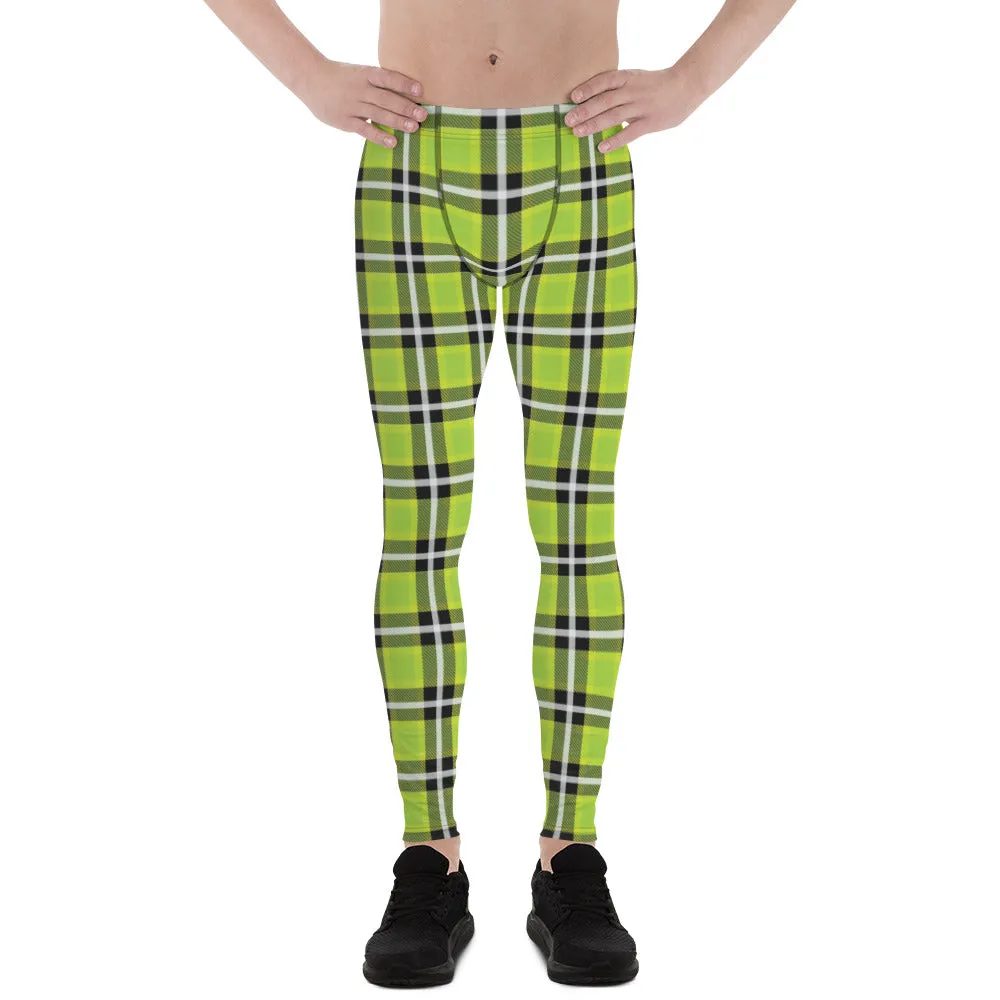 Green Plaid Tartan Print Meggings, Preppy Compression Pants Men's Leggings-Made in USA/EU