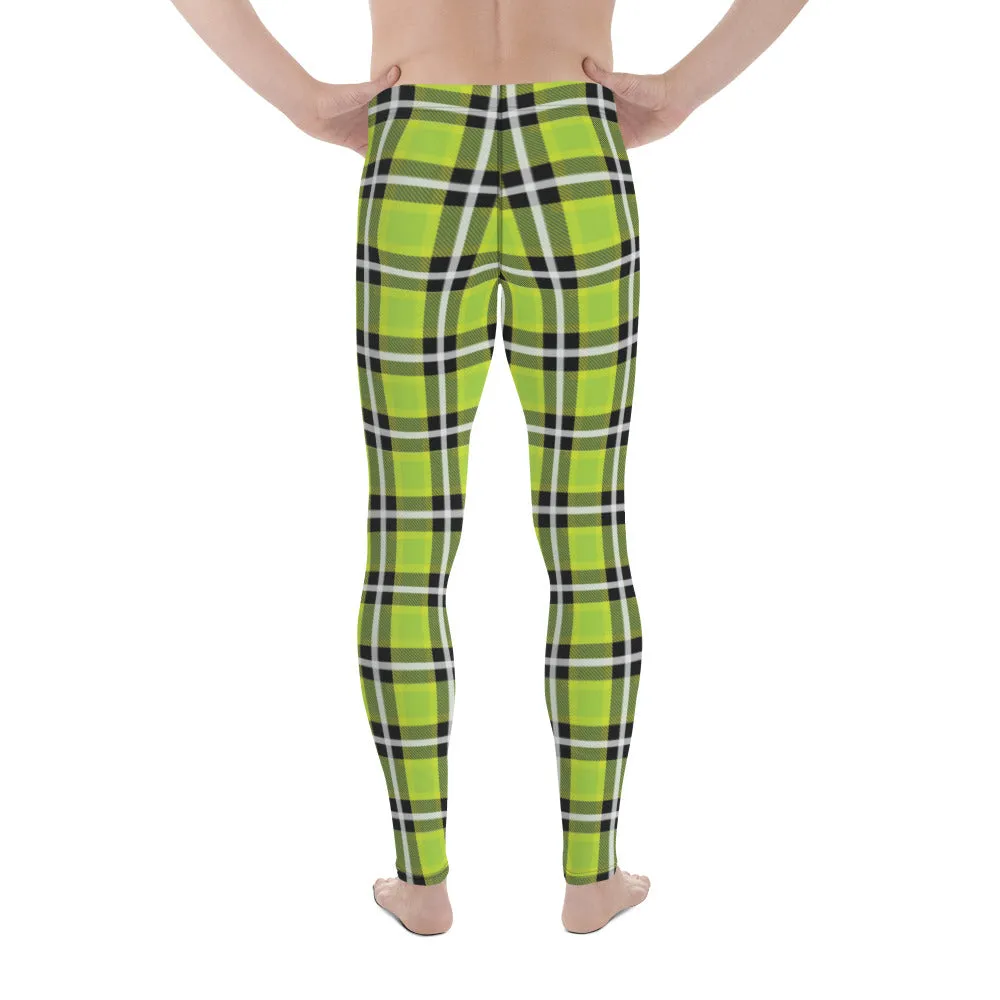 Green Plaid Tartan Print Meggings, Preppy Compression Pants Men's Leggings-Made in USA/EU