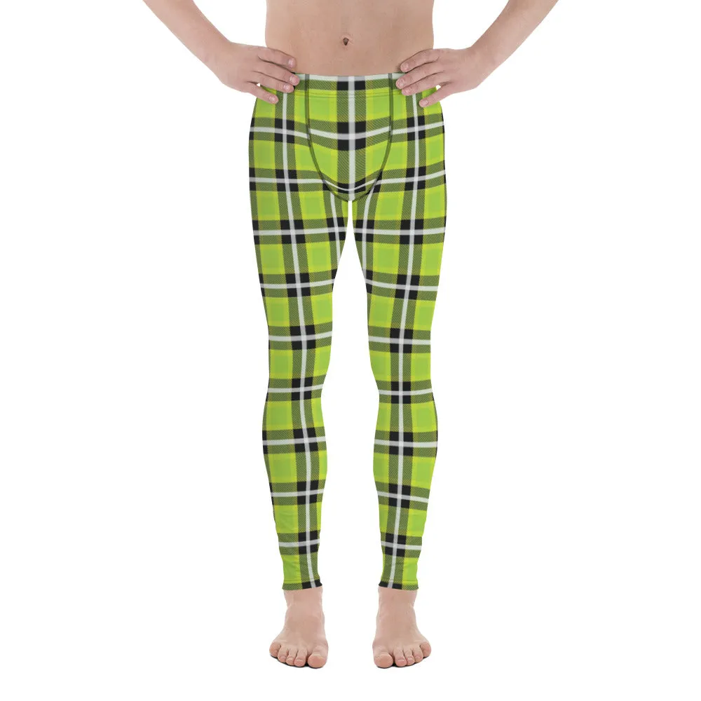 Green Plaid Tartan Print Meggings, Preppy Compression Pants Men's Leggings-Made in USA/EU