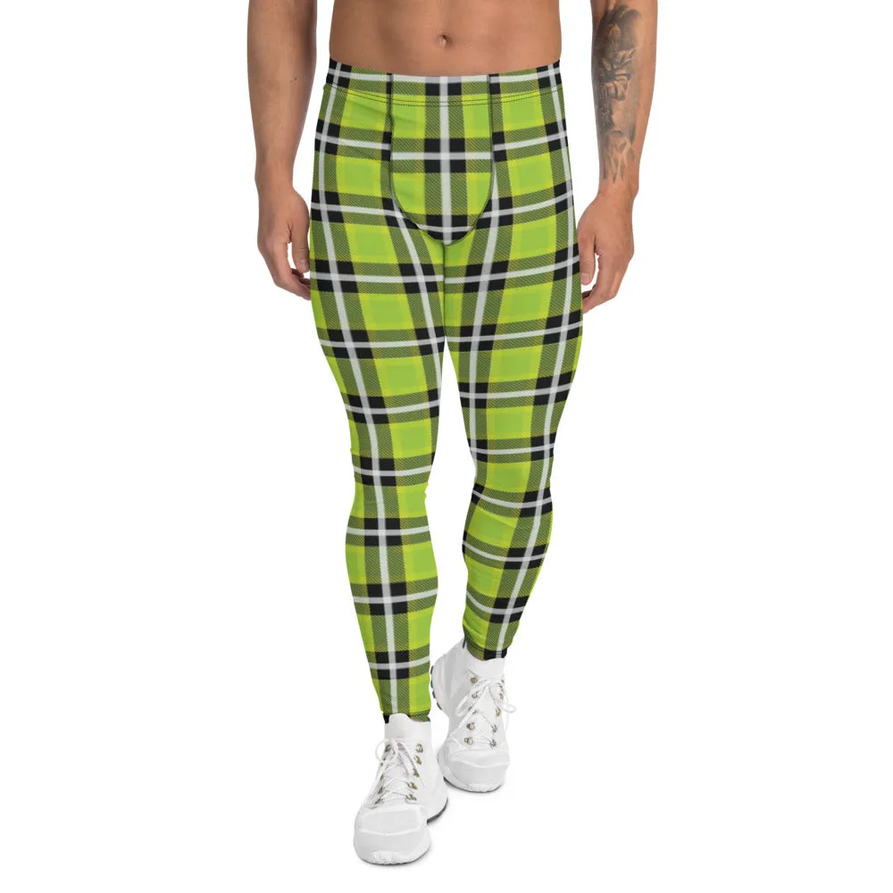 Green Plaid Tartan Print Meggings, Preppy Compression Pants Men's Leggings-Made in USA/EU