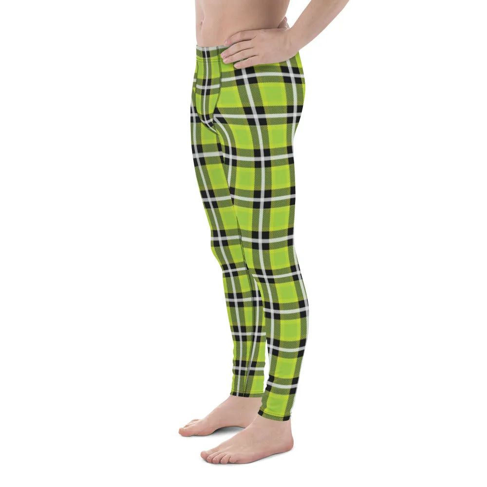 Green Plaid Tartan Print Meggings, Preppy Compression Pants Men's Leggings-Made in USA/EU