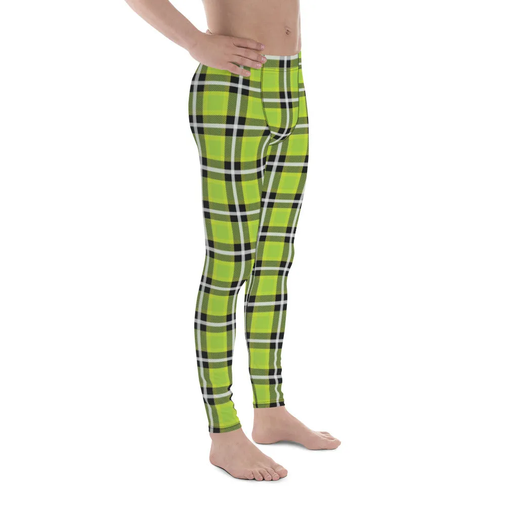 Green Plaid Tartan Print Meggings, Preppy Compression Pants Men's Leggings-Made in USA/EU