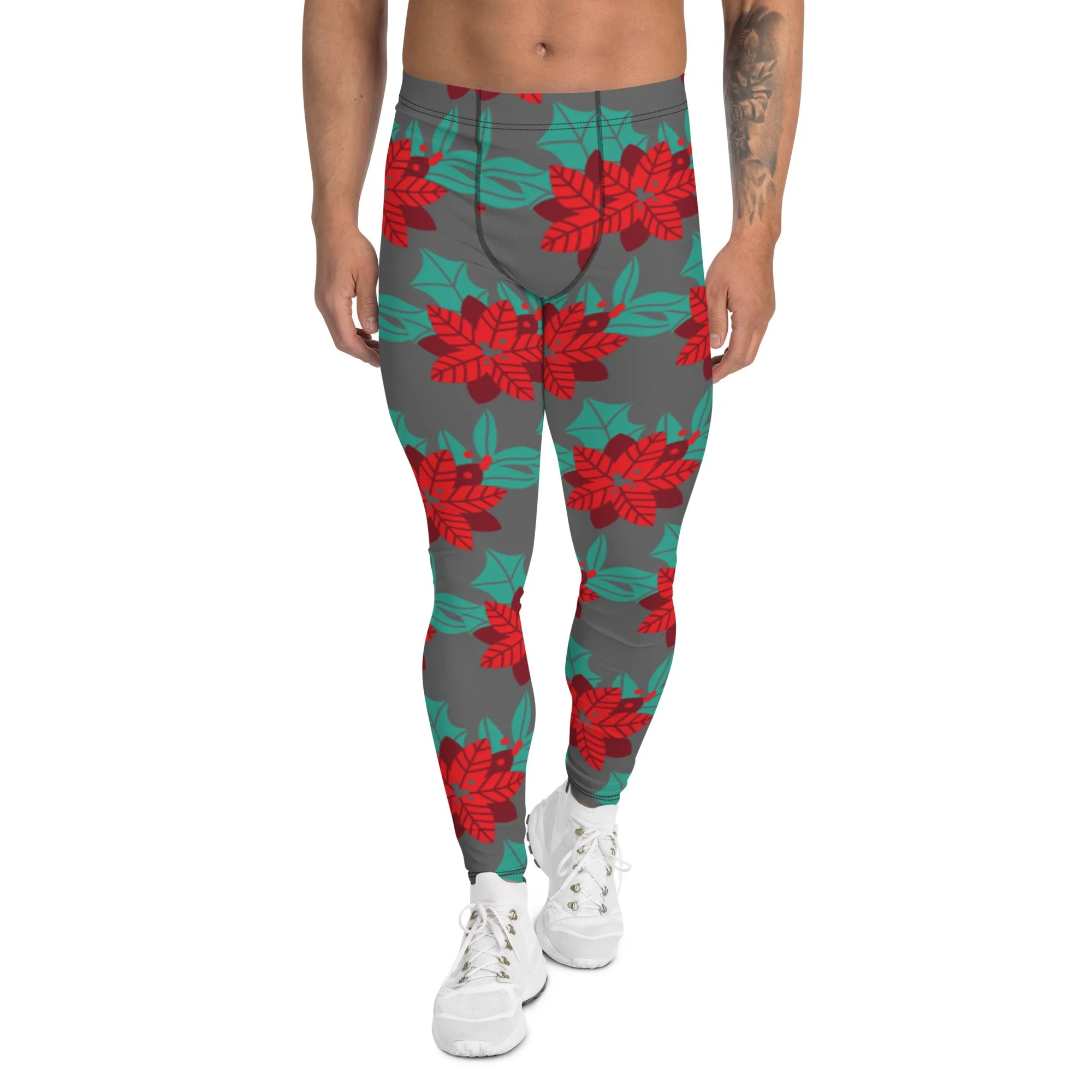 Grey Christmas Floral Men's Leggings, Grey & Red Xmas Flower Best Designer Men's Leggings-Made in USA/MX/EU