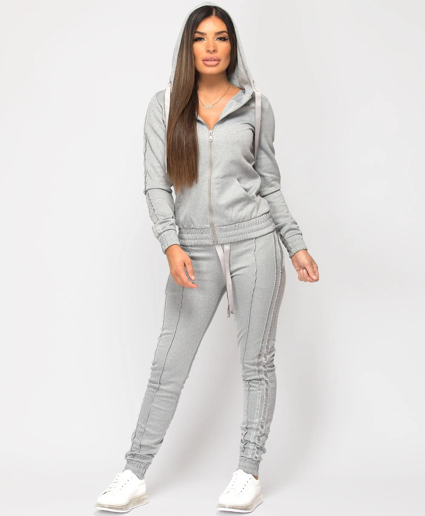 Grey Glitter Side Stripe Hooded Loungewear Set