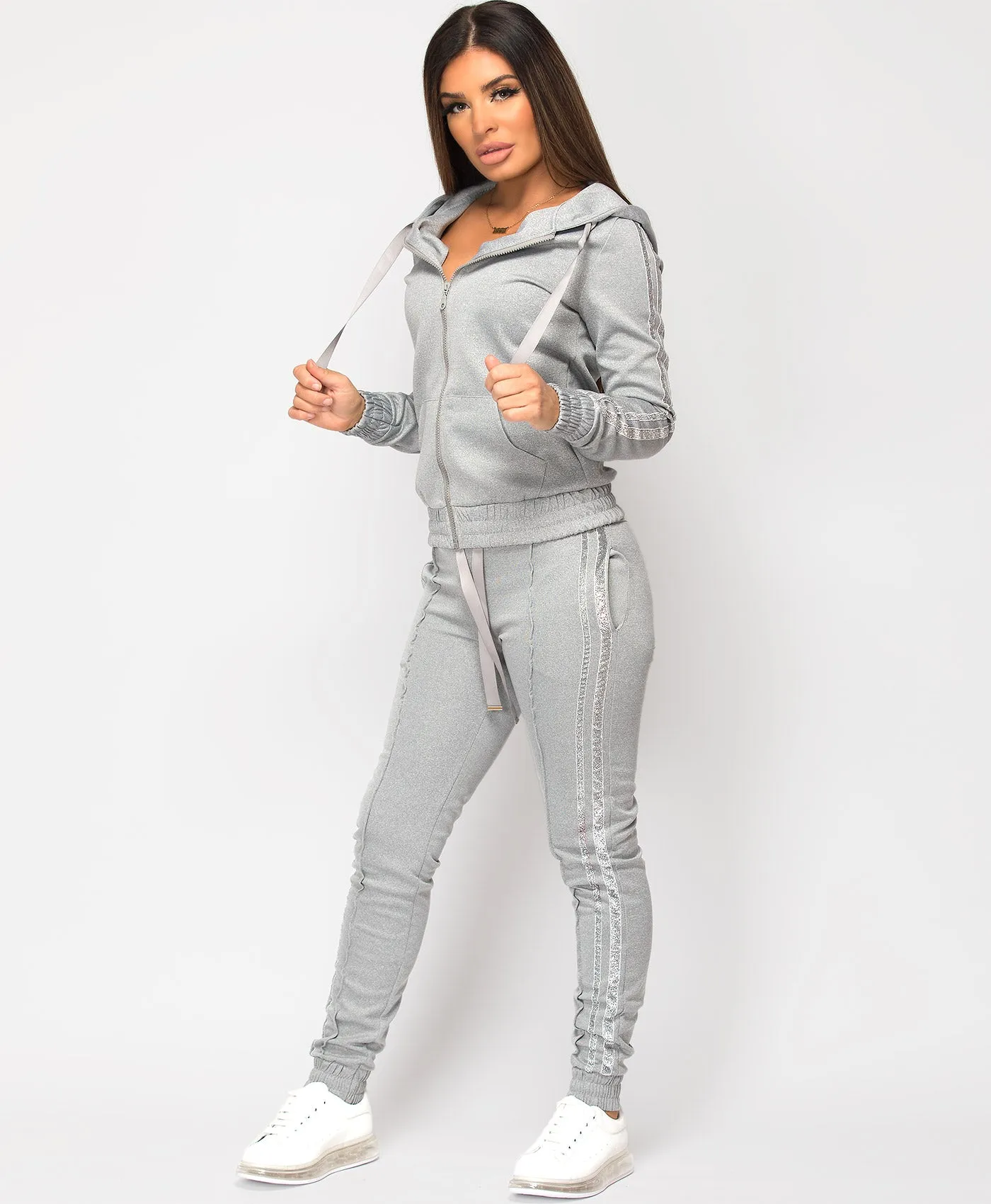 Grey Glitter Side Stripe Hooded Loungewear Set