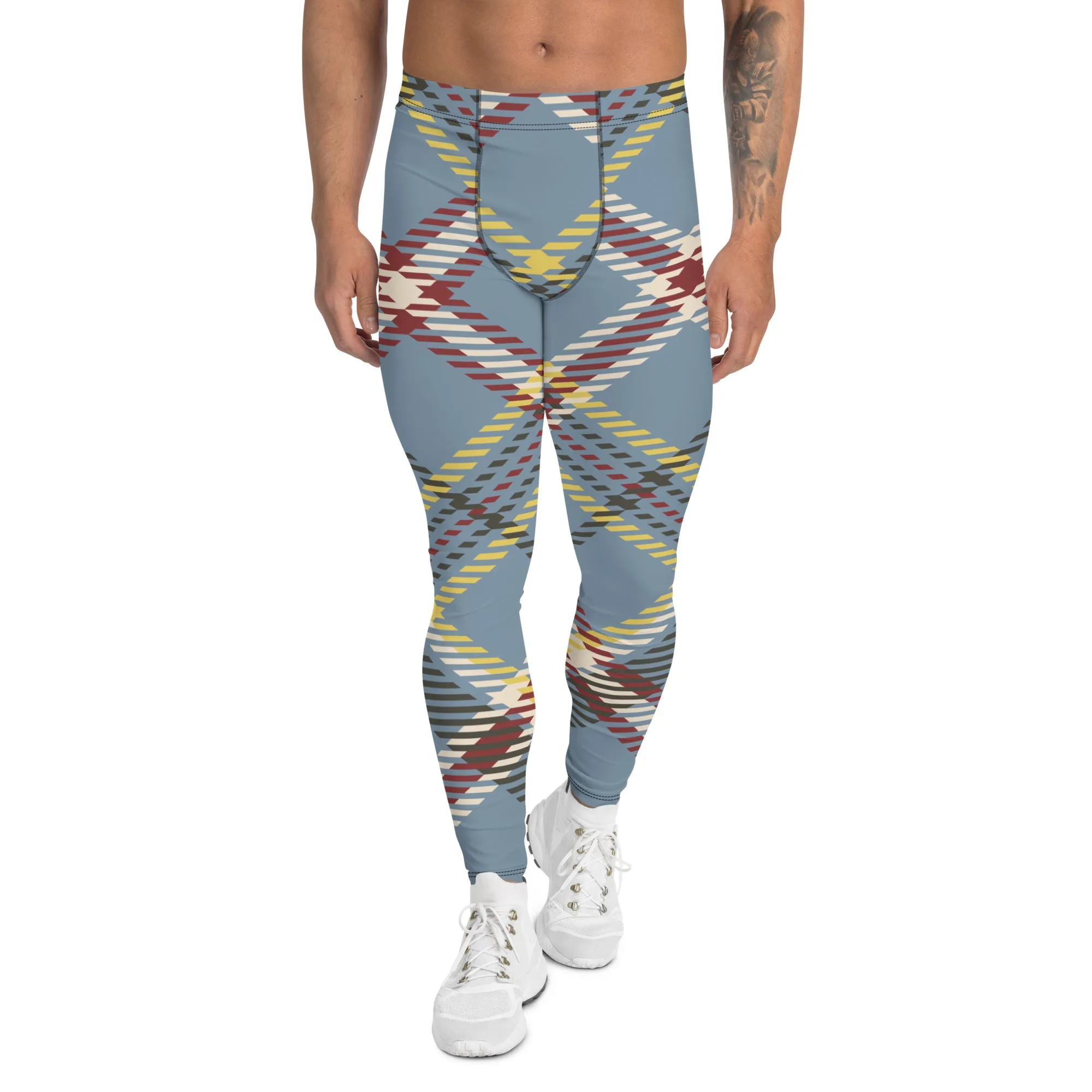 Grey Plaid Print Men's Leggings, Classic Tartan Plaid Print Meggings Compression Christmas Tights-Made in USA/EU/MX