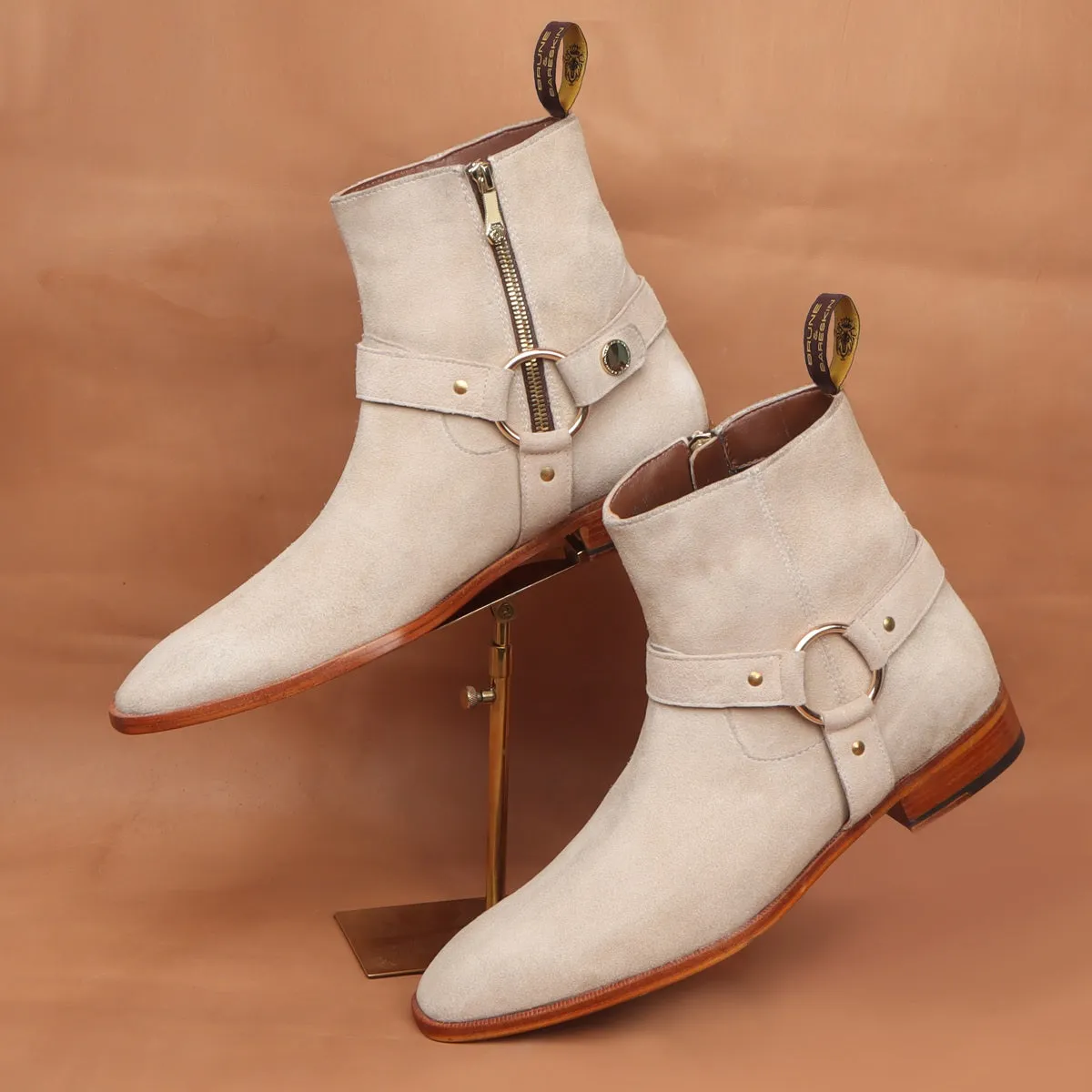 Hand Made Beige Chelsea Boots in Suede Leather with Stylish Buckle by Brune & Bareskin