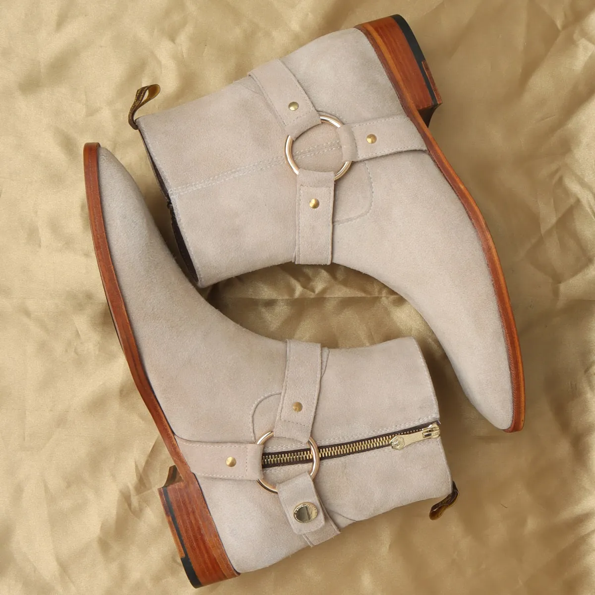 Hand Made Beige Chelsea Boots in Suede Leather with Stylish Buckle by Brune & Bareskin