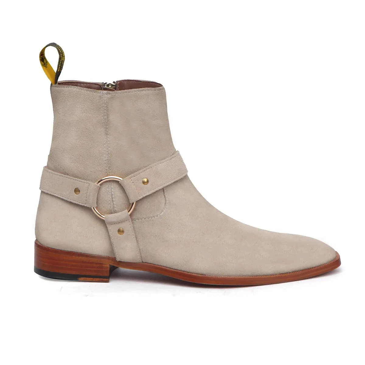 Hand Made Beige Chelsea Boots in Suede Leather with Stylish Buckle by Brune & Bareskin