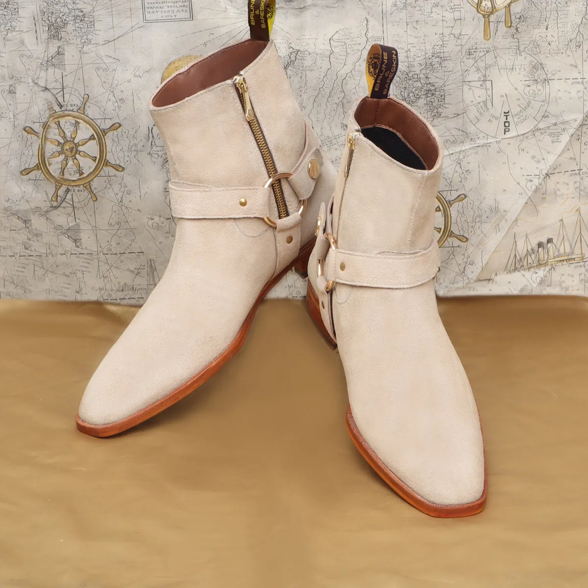 Hand Made Beige Chelsea Boots in Suede Leather with Stylish Buckle by Brune & Bareskin