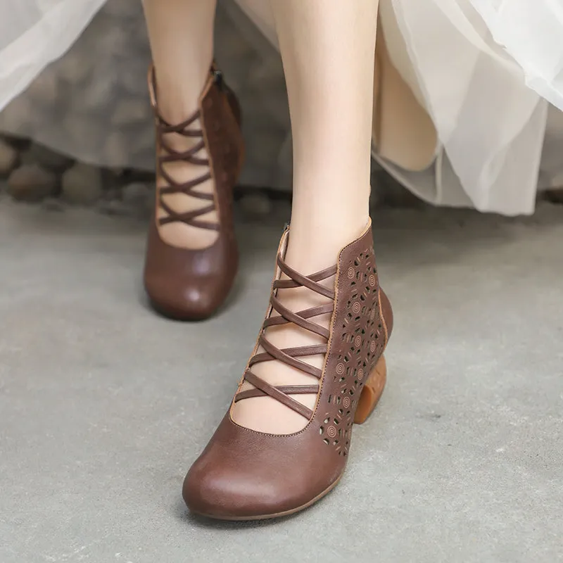 Handmade Genuine Leather Pumps Retro Round Toe Women Ankle Boots Block Heels Side Zipper Coffee/Brown