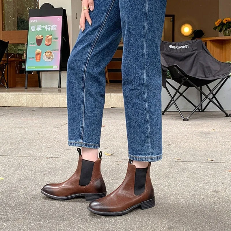 Handmade Leather Chelsea Boots For Women Brush-Off Ankle Boots Brown/Black