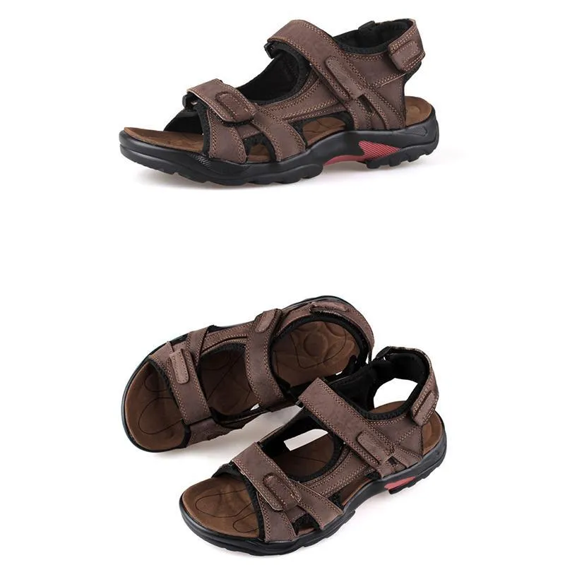 Herren Strandschuhe aus Leder in der ersten Schicht mit offenem Zehenschlupf Sommer handgefertigte Sandalen in großen Größen im Freien